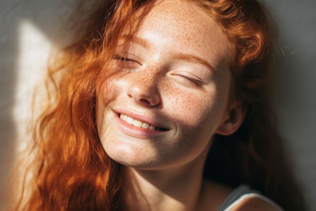 de perto de uma ruiva manchada sorrindo com os olhos fechados com o sol no rosto unsplash k real