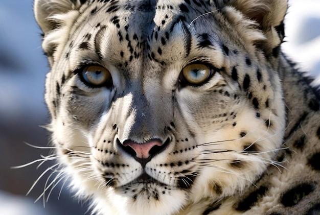 Foto de perto e pessoalmente com o leopardo-da-neve panthera uncia no deserto olhar feroz e sério como pred