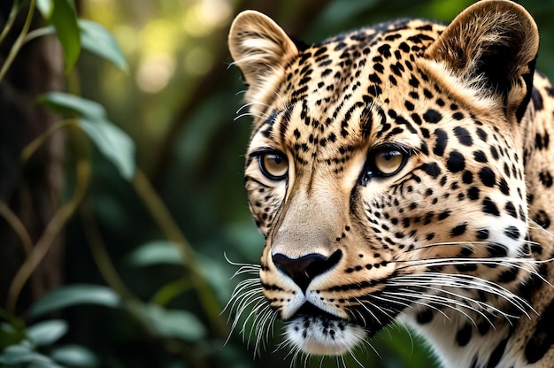 Foto de perto e pessoalmente com um majestoso leopardo em seu habitat natural mostrando sua ferocidade e beleza