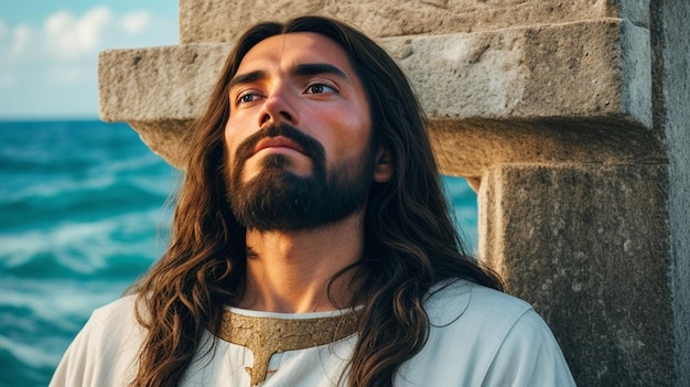 De perto em Jesus olhando para o mundo