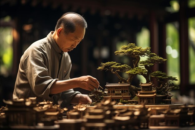 Foto de perto, mãos habilidosas cortando delicadamente a árvore bonsai com precisão e cuidado