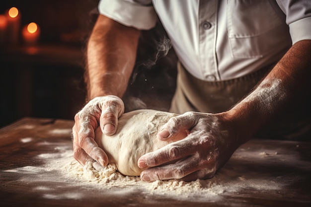 de perto mãos masculinas amassando a massa