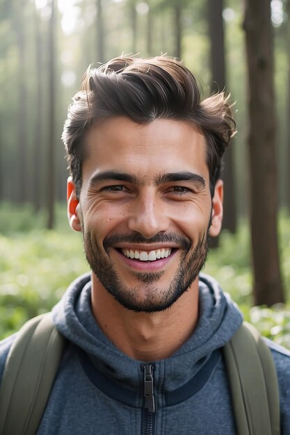 De perto o homem sorrindo na natureza