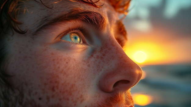De perto o olho de um jovem no pôr-do-sol