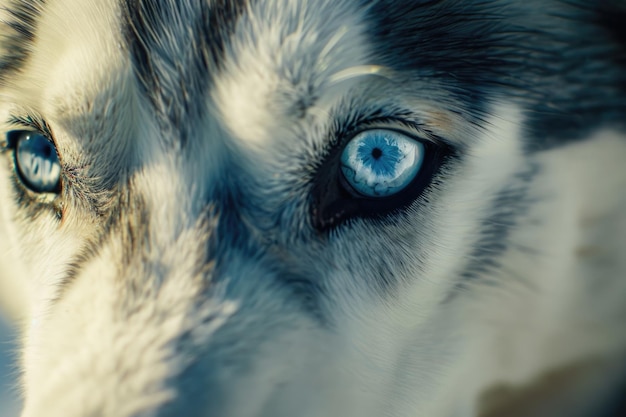 De perto os olhos azuis de um cão husky