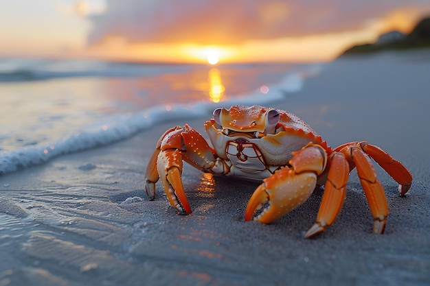 De perto um caranguejo numa praia