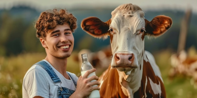 de perto vaca sorridente fazendeiro homem segurando garrafa de leite inteiro campo de leite de verão fazenda de produtos lácteos