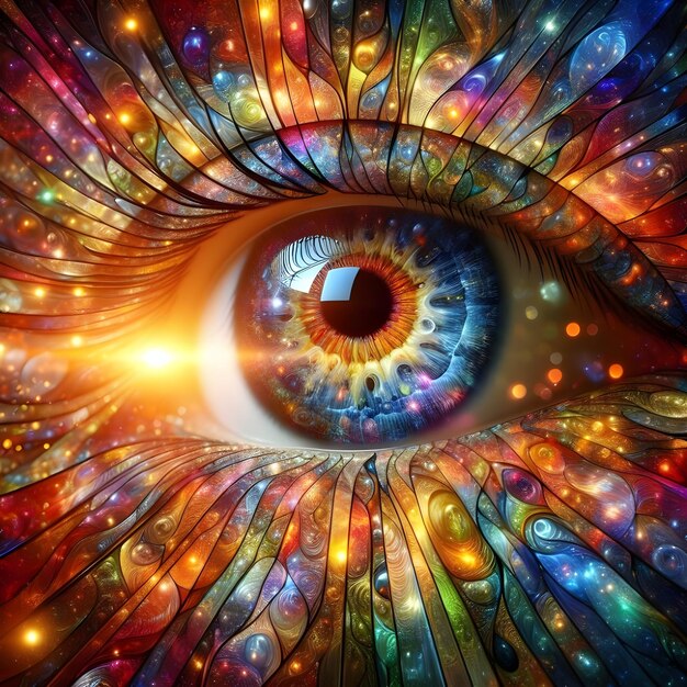 Foto de um olho translúcido com um caleidoscópio de cores vibrantes e ousadas irradiando para fora