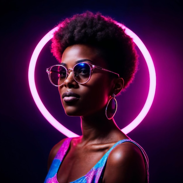 de uma bela mulher africana com foto com luz de néon rosa e azul mista geradora de IA