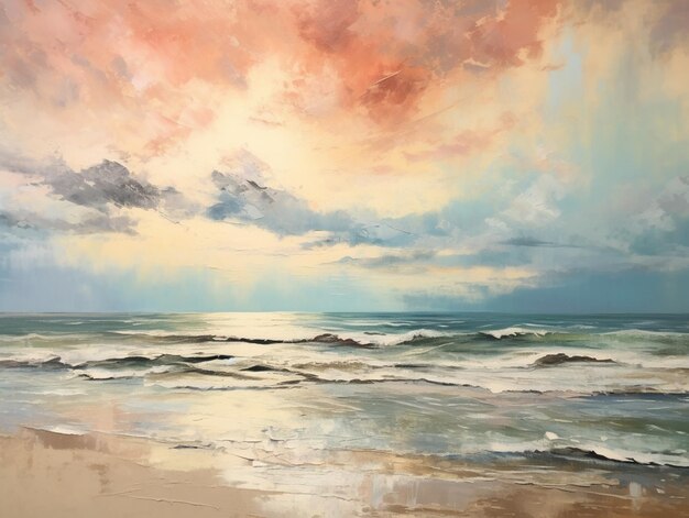 de uma pintura de uma praia com ondas e um céu generativo ai