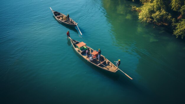 Foto de uma vista de pássaro, um grupo de pequenos barcos se move através do lago. fotografia de pista de luz. caos líquido 4k hdr 20 ar 169 job id 8dbec93764074b56a43605c9177d153e