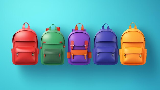 De volta à decoração da escola com mochilas escolares coloridas brilhantes isoladas em fundo azul