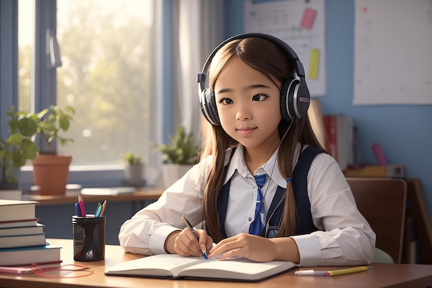 De volta à escola, a estudante senta-se na mesa e ouve música