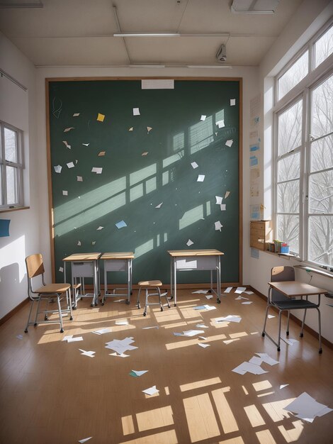 Foto de volta à escola, abraçando um novo começo numa sala de aula vazia do ensino médio