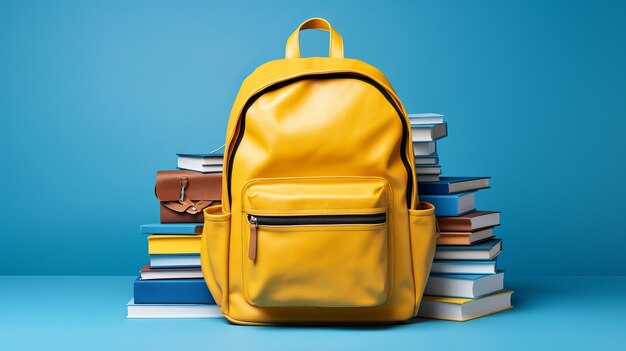 De volta à escola colorida mochila escolar completa com livros em fundo azul isolado