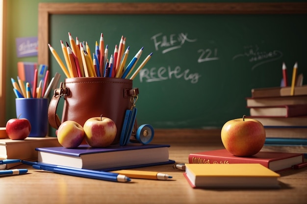 De volta à escola com materiais escolares num fundo verde