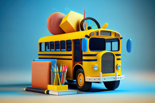 De volta à escola com material escolar e equipamentos ônibus escolar com acessórios escolares e livros