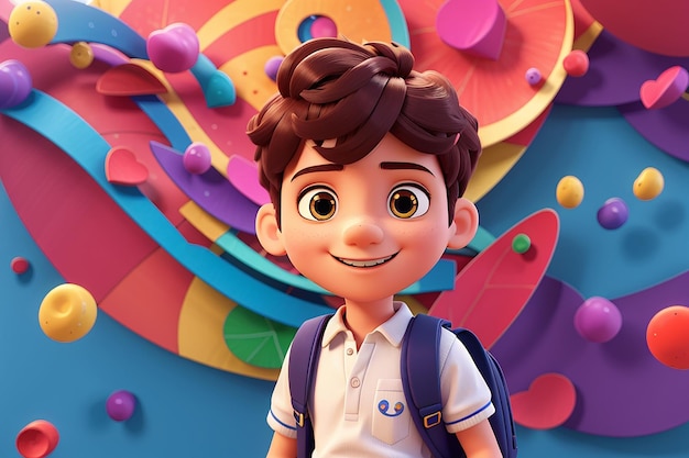 De volta à escola com um personagem de desenho animado 3d divertido e alegre de um menino em um fundo colorido