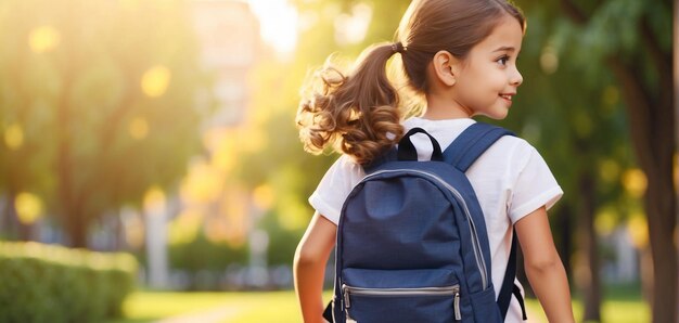 De volta à escola Criança bonita com mochila correndo e indo para a escola com diversão