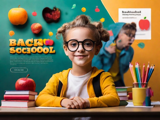 De volta à escola Educação Landing Page Template Ilustração Personagens minúsculos colocados em enorme mochila Ferramentas educacionais papelaria Bola globo e livro para diferentes disciplinas Personas de desenho animado Vectorização