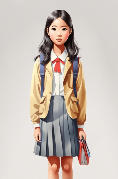 De volta à escola, feliz mochila de rapariga asiática no primeiro dia.