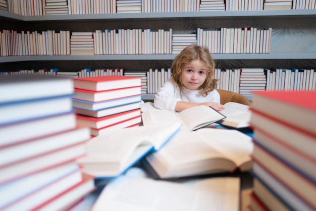 De volta à escola garoto da escola com pilha de livros crianças curtindo a história do livro na biblioteca da escola crianças ima