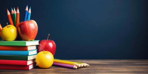 De volta à escola Lugar para texto Bloco de notas e maçã na mesa Foto alta Generative AI