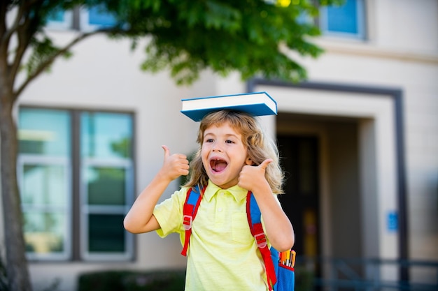 De volta à escola menino engraçado de óculos na escola primária com livro e bolsa ...