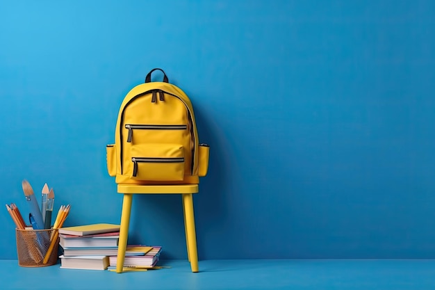 De volta à escola mochila amarela na cadeira com livros e coisas escolares contra fundo azul