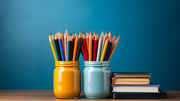 De volta à escola ou fundo do dia do professor Porta-lápis com livros de lápis coloridos e um quadro-negro em uma escola
