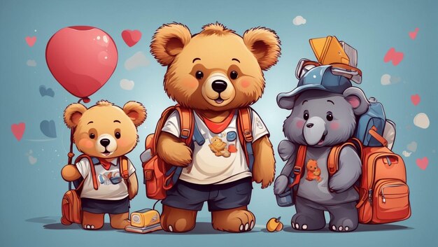 De volta à escola personagens urso e amigos