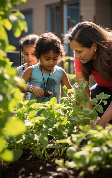 Foto de volta à escola, professor de escola de diversidade multiétnica e crianças jardinando juntos na escola ga