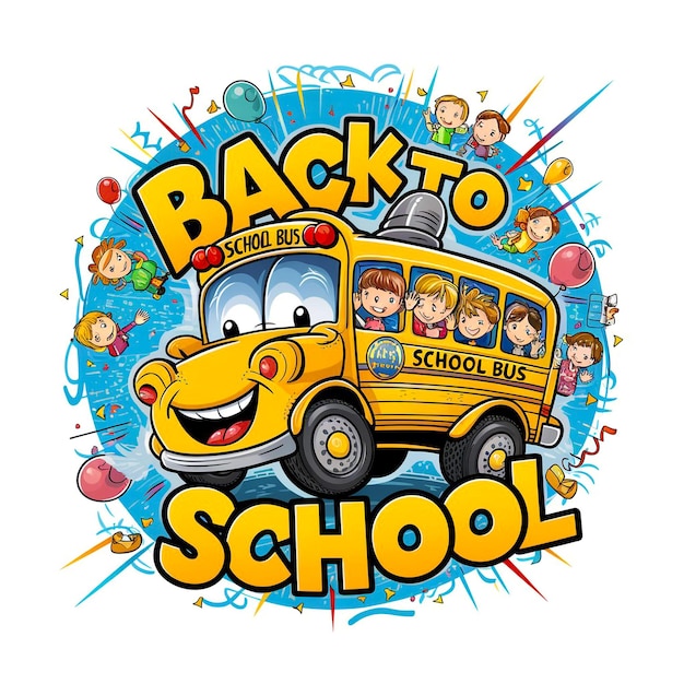 De volta à escola um adesivo de desenho animado colorido com um ônibus escolar alegre com alunos sorridente