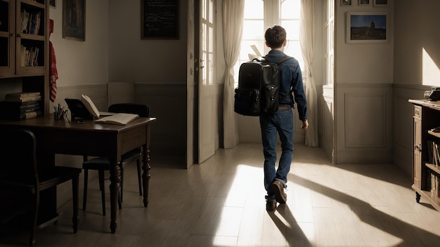 De volta à escola, um menino em uma sala de aula em um estilo de pintura de arte histórica