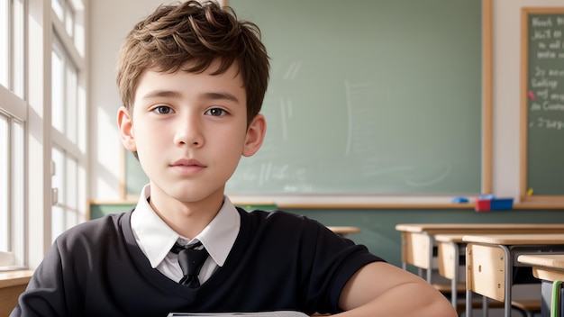 De volta à escola um menino em uma sala de aula