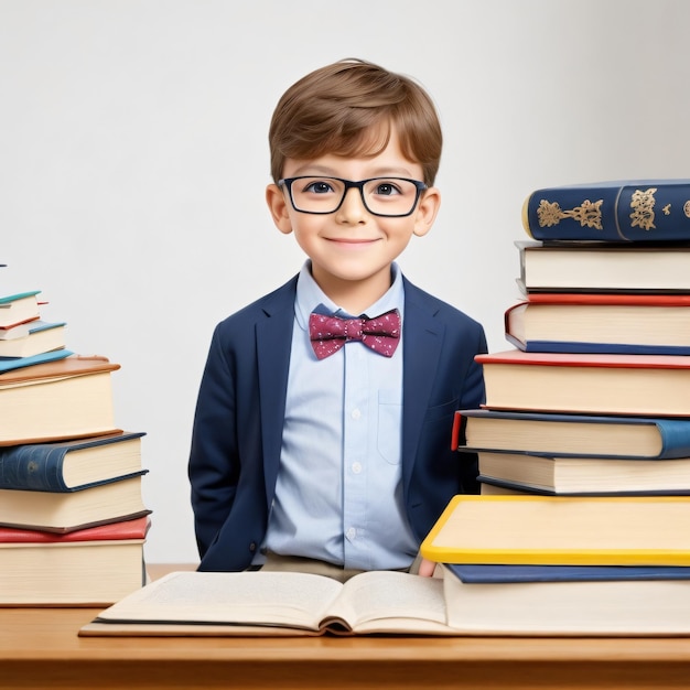 De volta à escola, um menino precoce com óculos e uma pilha de livros ansiosos para aprender sobre a mesa