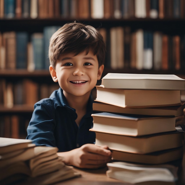 De volta à escola, um menino precoce com óculos e uma pilha de livros ansiosos para aprender sobre a mesa