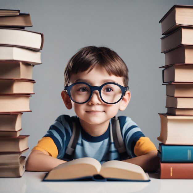 De volta à escola, uma pilha de livros de menino ansioso para aprender sobre a mesa