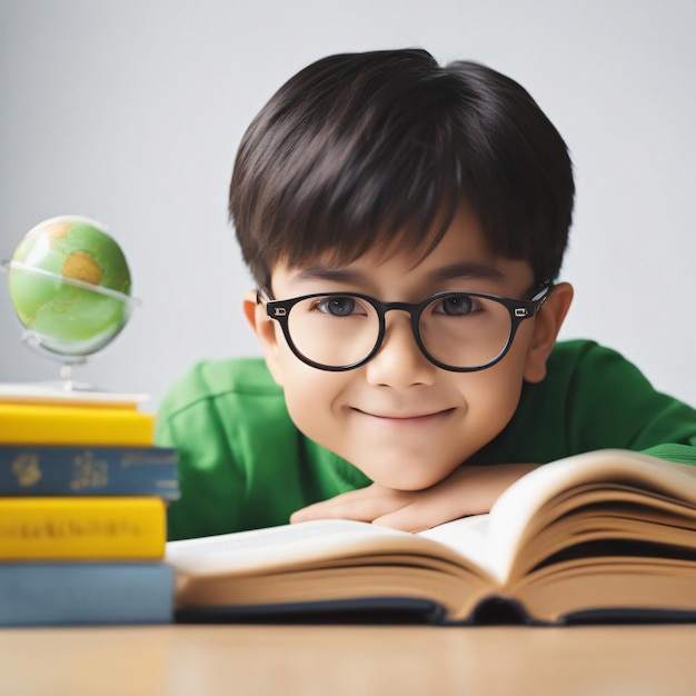 De volta à escola, uma pilha de livros de menino ansioso para aprender sobre a mesa