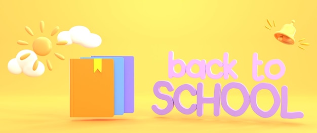 De volta ao banner de desenho animado da escola Livros coloridos ou cadernos de pilha em fundo amarelo com sino de sol e nuvens Materiais de educação para crianças estudam ilustração de renderização 3d