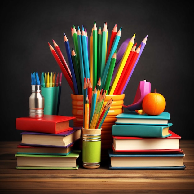 De volta ao conceito da escola Pilha de livros, lápis e maçã no fundo do quadro-negro