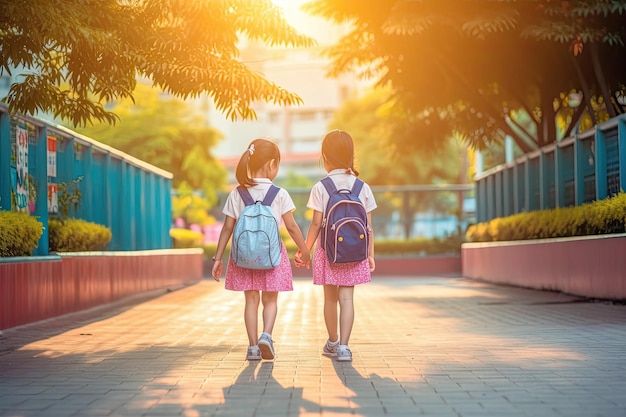 De volta ao conceito de educação escolar com meninas, crianças, estudantes do ensino fundamental com mochilas segurando a mão do amigo 39s AI generative