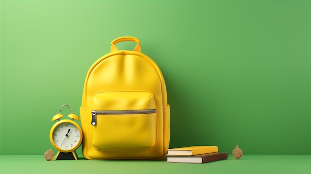 De volta ao conceito de escola Mochila amarela com livros e equipamentos escolares em fundo verde