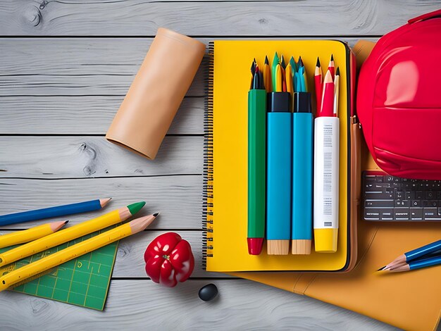 Foto de volta ao conceito de escola mochila com material escolar e acessórios de fundo