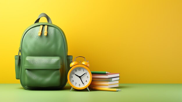 De volta ao conceito de escola Mochila verde com livros e equipamentos escolares em fundo amarelo