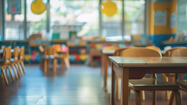 De volta ao conceito de escola Sala de aula em fundo desfocado sem jovem aluno Vista desfocada da sala de aula primária sem criança ou professor com cadeiras e mesas no campus