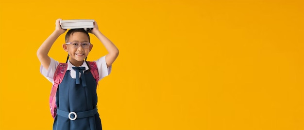 De volta ao conceito de ideia de banner escolar Feliz estudante asiática de uniforme segura livros na cabeça isolada em fundo amarelo com caminhos de recorte para trabalho de design espaço livre vazio