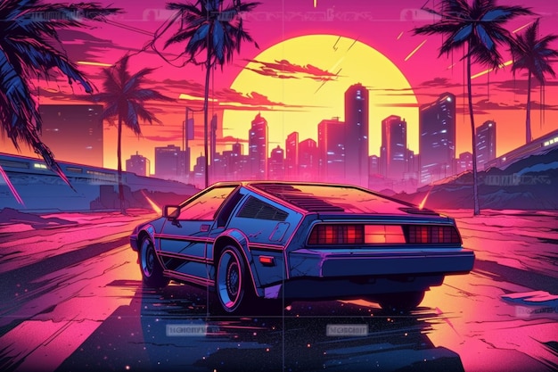 De volta ao futuro carro delorean em um fundo por do sol