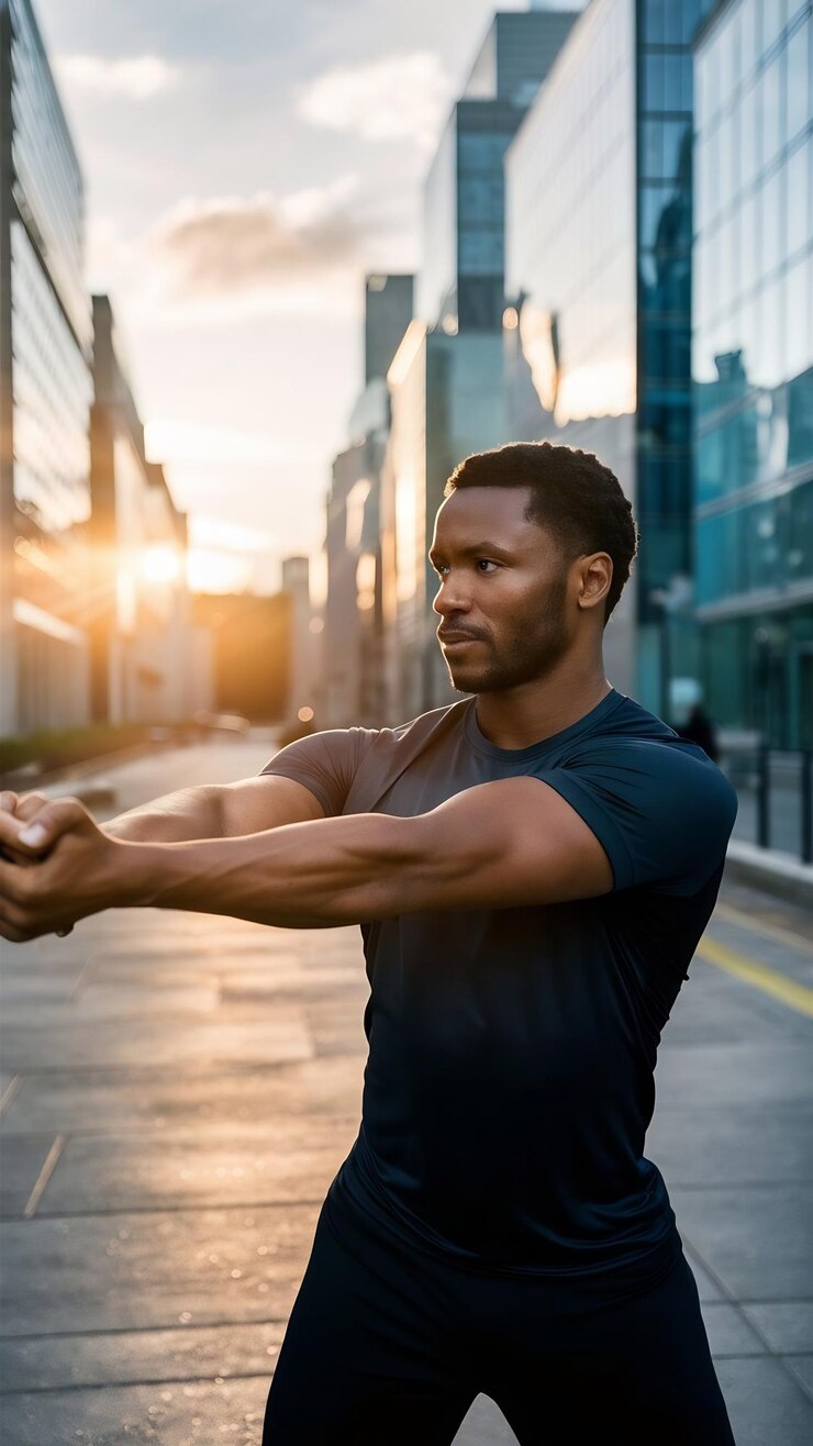 Foto de volta fitness e homem preto esticando os braços na cidade com pensamento exercício ao ar livre e manhã calma