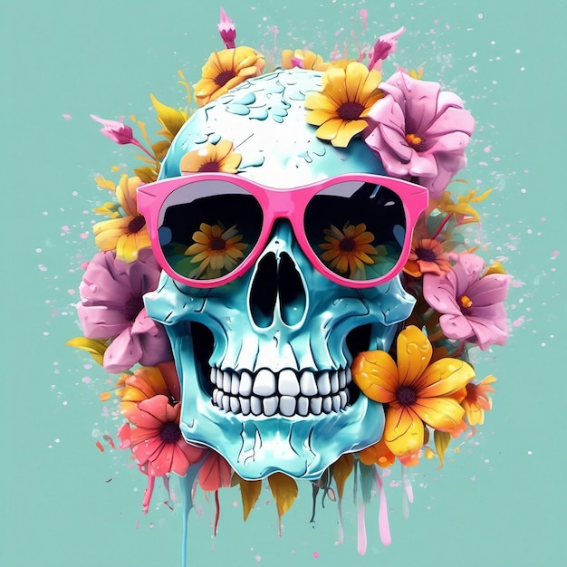 Foto un dead skull con gafas de sol de moda diseño de camiseta de flores diseño de camisa de salpicaduras